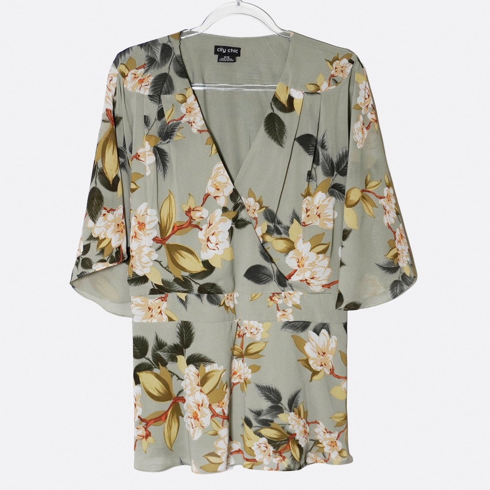 City Chic Romantic Sage Floral Kimono Wrap Blouse Luxe Peplum Top Plus 2X XXL - Picture 2 of 8